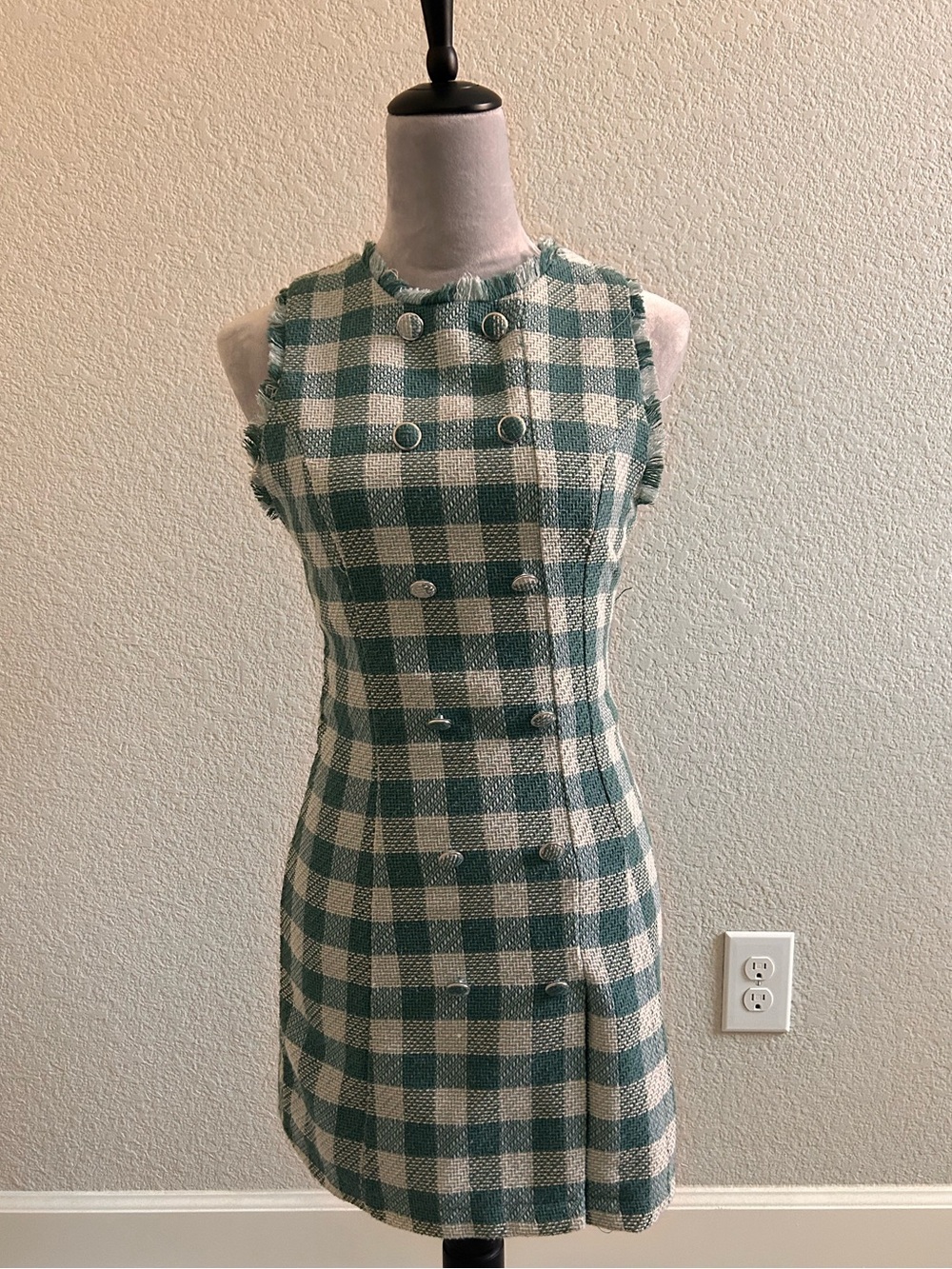 Sleeveless Green Check Tweed Shift Dress retro vintage